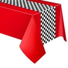 1/3 Nappe de thème de course, fond rouge en plastique jetable à carreaux noir et blanc rectangulaire, couverture de table de circuit de course PE, décorations de fête d'anniversaire thème sportif de course, décorations de fête d'anniversaire de course, décorations de table de maison