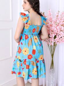 Short Printed Children's Tank Top Dress - 藍色 - 查看 3