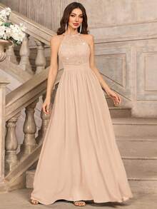 MIUSOL Sequin Floral Lace Backless Pleated Chiffon Formal Party Maxi Dress, Formal Evening Gown, Suitable For Wedding Guest, Graduation Ceremony, Banquet And Other Occasions, For Valentine's Day Spring Elegant - Champagne - View 6