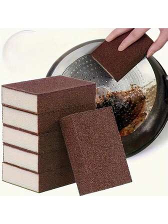 棕色魔术海绵，用于清洁厨房锅碗瓢盆、洗碗、去污、除垢和除锈，可重复使用，耐用且易于使用，是去除顽固污渍的有效清洁工具