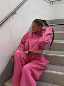 女士休闲纯色连帽卫衣和运动裤两件套，秋冬季