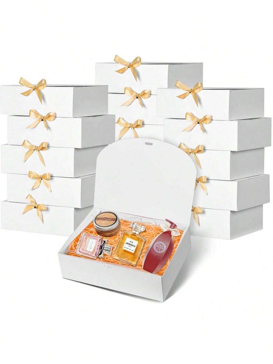 10 Stücke Geschenkboxen mit Deckel, weiß schwarz 27 x 20,3 x 8,1 cm Geschenkboxen, Brautjungfern Antrag Box mit Schleife, Kraftpapier Boxen für Hochzeit, Verpackung, Geschenke, Geburtstag, Weihnachten, Party