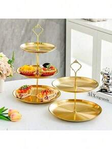 1pc  3-Tier Stainless Steel Dessert Stand - Serving Tray For Party, Wedding, Afternoon Tea, Kitchen & Bakery Display - 金色 - 查看 6