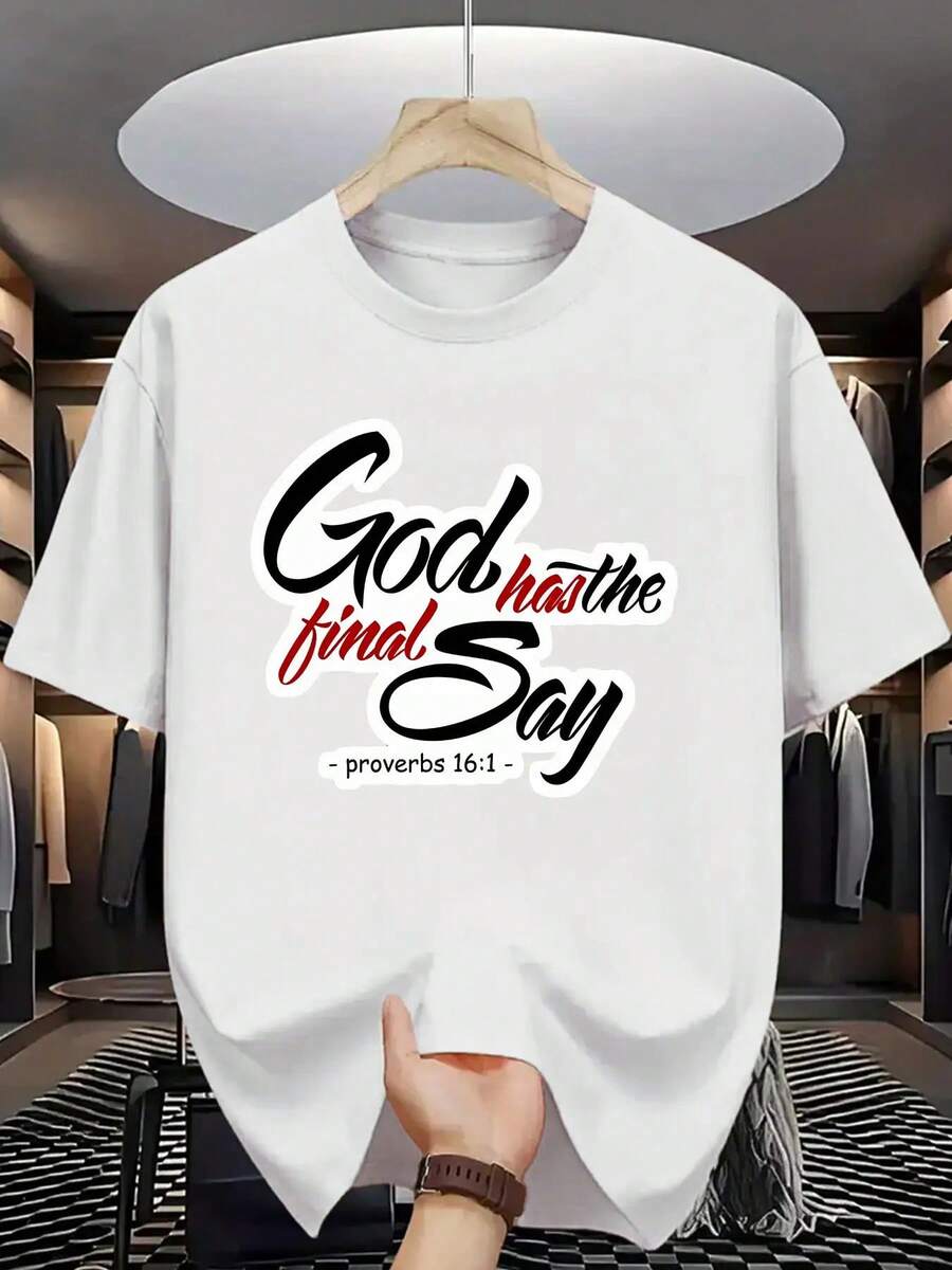 Camiseta inspiradora de versículos bíblicos para hombres - Diseño de Proverbios 118:6 "Dios tiene la última palabra", camiseta casual de manga corta con cuello redondo para verano, lavable a máquina, ropa religiosa marrón, camiseta de uso diario, camiseta llamativa, camiseta duradera, camiseta gráfica, comunidad de fe - Blanco - Ver 1
