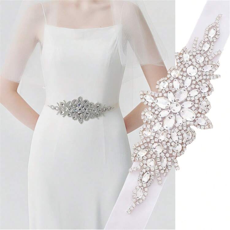 Crystal Glass Diamond High-End Handmade Rhinestone Sticker, Bridal Waist Belt, Hot Melt Glue Diamond Sticker, Wedding Decoration, Bridal Accessories, DIY Craft Supplies - Silver - View 2