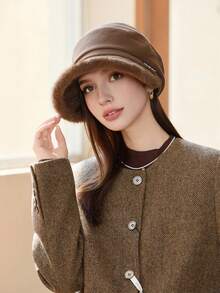 1pc Women's New Autumn/Winter Velvet Trim Metal Decor Baseball Cap, Elegant Lady Style Wide Brim Bucket Hat, Breathable Lightweight Warm, Washable, Suitable For Casual Outings In Fall/Winter