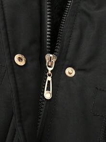 1pc Casual Versatile Women Jacket, Mid-Length With Detachable Hood, Solid Color, Outdoor Thermal Lined, Cinched Waist, Winter,Skiing