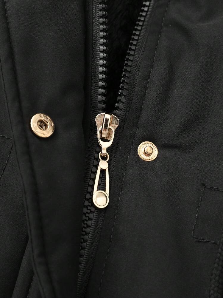 1 pieza Chaqueta versátil y casual para mujer, de longitud media con capucha desmontable, de unicolor, con forro térmico para exteriores, cintura ceñida, para invierno y esquí - Gris Oscuro - Ver 5