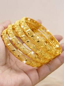 4 件套 24K 镀金铜可调节开口手镯，奢华女士珠宝