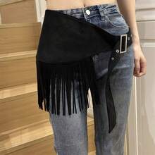 Women's Retro Western Hip Scarf Solid Color Tassel Buckle Triangle Hip Scarves Skirt Belly Dance Costume - 黑色 - 查看 2