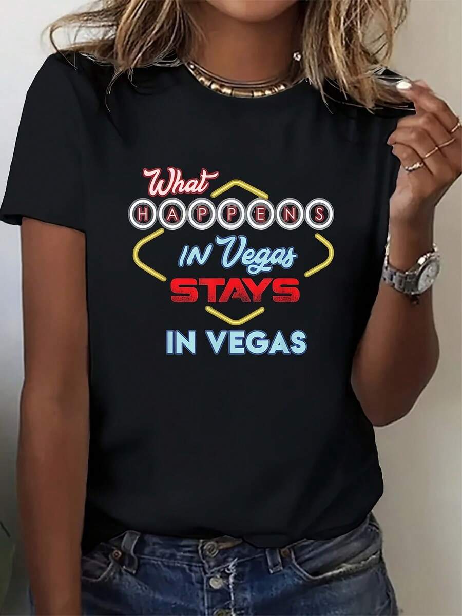 What Happens In Vegas Stays In Vegas Women's T-Shirt Short Sleeve T-Shirt Round Neck Shirt Casual And Comfortable T-Shirt Suitable For Daily Wear,220g - 黑色 - 查看 1