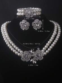 1 Set Bridal Accessories: 2-Row Elastic Bracelet + 2-Row Beaded Necklace + 1 Pair Earrings, Elegant Chain Set For Wedding Dress, Banquet, Ceremony