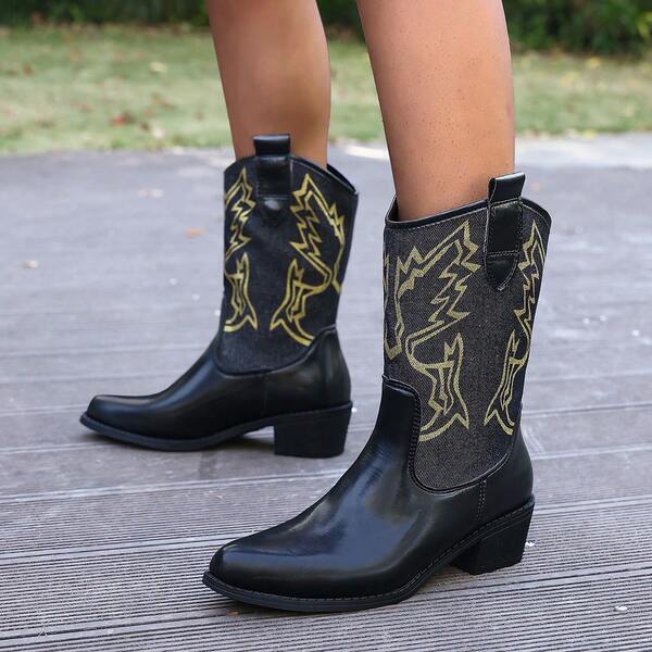 Vintage Embroidered Patchwork Chunky Heel Western Boots