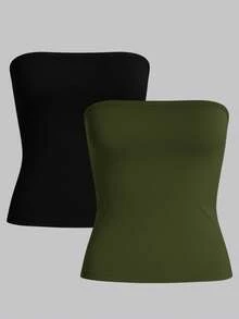 KIT 2 Tube Top Faixa Feminino Blusa Cropped Tubinho Tomara que Caia Básico Suplex Forro Duplo Sem Bojo - Preta e Verde Militar - Visão 8