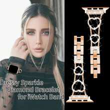 Slim Metal Bands Compatible With Apple Watch Bands For Women 38/40/41/42/44/45/46/49mm, Cute Heart-Shape Sparkle Diamond Stainless Steel Strap For I Watch Series SE/10/9/8/7/6/5/4/3/2/1