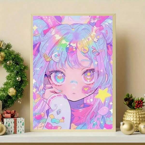 1 pieza Kit de pintura de diamantes 5D, sin marco - Pintura de chica anime con punto de taladro, mosaico de punto de cruz DIY acrílico sin marco, regalo perfecto para decoración del hogar, adecuado para adultos y principiantes, regalo de cumpleaños y festivo DIY