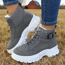 Super Warm Winter Boots - Non-Slip Thick Sole, Polar-Grade Warmth, Low Heel, Round Toe, Solid Color Simple Design, Suitable For Outdoor Hiking, Artificial Leather Upper, PU Sole, Fabric Lining, Hiking Boots - Xám - Xem 4
