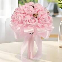 Wedding Bouquet Rhinestone Artificial Bridal Flower Bouquets With Ribbons Wedding Photo Booth Props Wedding Decorations - Pink - View 3