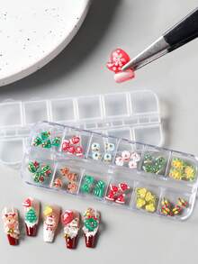 12 Gitter Relief Weihnachts-Nägel Dekor Harz Cartoon Weihnachtsmann Kristallkugel Glocke Geschenk Elch Weihnachtsbaum Handschuhe Süße Nagel Weihnachtsdekoration Nagel Zubehör