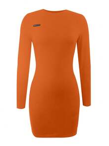 LovelyWholesale Women's Casual Round Neck Long Sleeve Solid Color Fitted Mini Dress, Suitable For Daily Wear In Summer - Jeruk - View 7