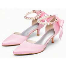 Women's Pearl Ankle Strap High Heels, Low Heel Kitten Heel Satin Back Lace-Up High Heels, Pointed Toe Wedding Party Dress Shoes - 粉色 - 查看 4