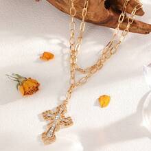 Collar con colgante de cruz hueca con rhinestones personalizados, collar vintage de lujo con múltiples capas