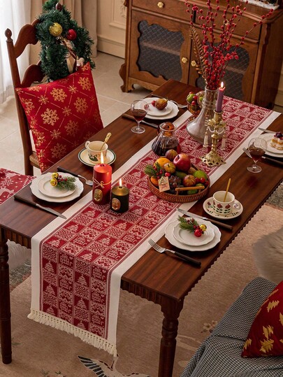 1pc Christmas Red Jacquard Table Runner, Cute Bell Pattern Christmas Style Table Runner, Suitable For Living Room, Dining Room, Party, Home Decor, Room Decor, Tabletop Decor And Holiday Gift, Multiple Sizes Available, Suitable For All Seasons