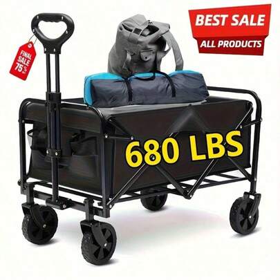 INBRAVE 220 Lbs/450 Lbs/680 Lbs All-Terrain Heavy-Duty Folding Hand Truck, Large Capacity Camping Cart Suitable For Yard Shopping/Sports/Outdoor/Gardening Equipment Transport, Black Multi-Functional Tool Cart