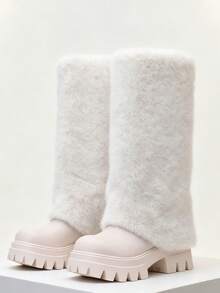 Furry Fluffy Women Snow Boots Warmplush Knee High Boots Luxury Fashion Punk Goth Party Dating Women Winter Shoes - 白色 - 查看 5
