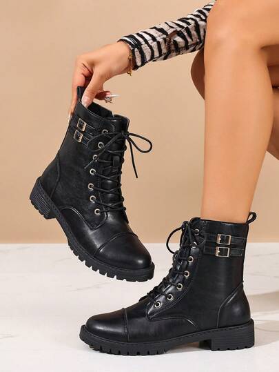 女士时尚系带中筒靴，机车靴，休闲舒适侧拉链靴，户外骑行靴，黑色套脚冬靴，适合秋冬季节，可搭配毛衣连衣裙，通勤办公鞋，圆头保暖靴，欧美复古风粗跟低跟踝靴，拼接套脚冬靴，金属扣女靴