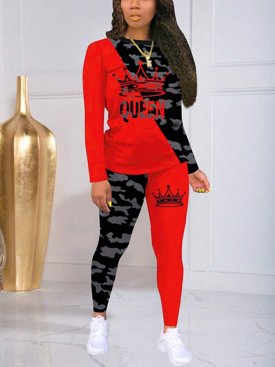 Contrast Color Print Long Sleeve Sports Suit Set, Crew Neck Black Spring - Black - View 1