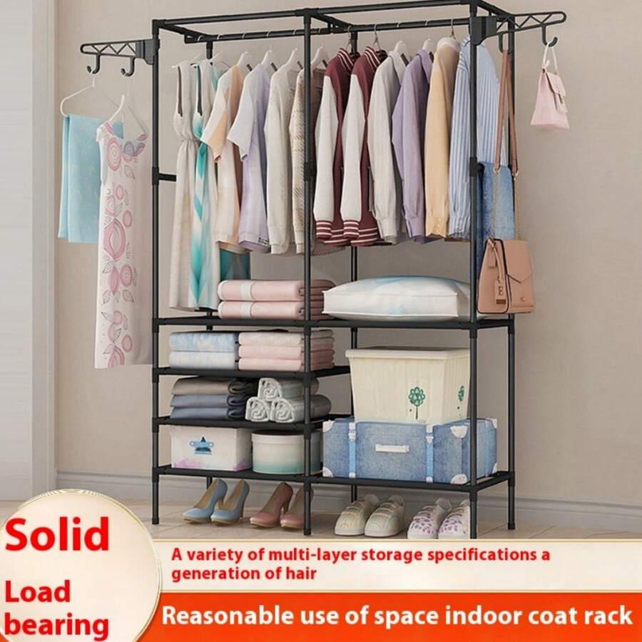 1 Pc Minimalist Modern Bedroom High-Capacity Standing Coat Rack Serves As A Temporary Living Room Storage Solution For Clothing, Shoes, Hats, Luggage, Cups, Bedding Sets, And More. Constructed With Sturdy, Durable Materials Featuring A Sleek, Modern Aesthetic. - màu đen - Xem 1