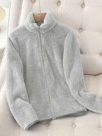 女士纯色加厚保暖双面羊毛拉链夹克，冬季