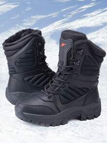 Men'S Fleece-Lined Mid-Calf Boots Snow Boots, Thermal Insulated Cold Weather Boots, Non-Slip TPR Sole & Lace-Up Design, Durable Outdoor Winter Boots, Gift For Men, Christmasgift, Stylish Winter Footwear - 黑色 - 查看 2