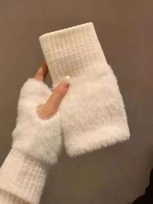 1 双纯色保暖露指手套，女士针织手套，冬季舒适使用 - 彩色 - 查看 8