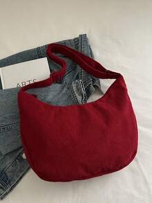 Fashionable Solid Color Corduroy Shoulder Bag, Casual Minimalist College Style, Wide Strap Crossbody Bag With Multiple Zipper Design, Suitable For Students, Shopping, Daily Use - Burgundy - View 8
