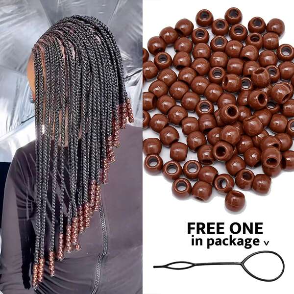 100 pièces Perles pour cheveux Perles de poney pour tresses de cheveux Perles en plastique avec grand trou pour cheveux africains Accessoires de perles de couleur marron avec aiguille à tirer, kit de coiffure, kit d'outils pour cheveux, outils de coiffure