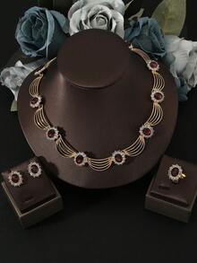 4 件套全新 18K 镀金金祖母绿项链 + 耳环 + 戒指首饰套装不褪色，闪亮奢华，适合日常佩戴，可作为送给妻子和姐妹的礼物