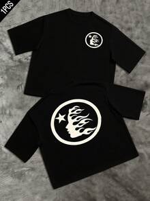 Star Face Flame Double Sided Digital Printed 220g T Shirt  1pcs Size Plus Men's 100% Cotton Casual Tee Streetwear Hip Hop TShirt - 黑色 - 查看 1