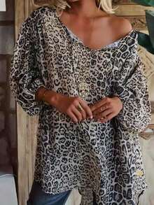 Plus Size Leopard Print Loose Casual Long Sleeve Shirt