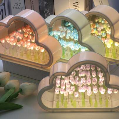 1 pieza Luz nocturna LED de tulipán de 4 colores DIY con espejo, opciones de color rosa/morado/azul, diseño de nube, lámpara de escritorio LED con iluminación de espejo, luz de ambiente floral moderna y oceánica estrellada, iluminación de decoración del hogar, regalo perfecto para Navidad, San Valentín y cumpleaños