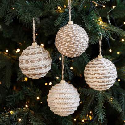 Cirelle 1个圣诞球装饰品，直径3.15英寸，天然黄麻包裹，裸色编织泡沫圣诞球，可悬挂于圣诞树上，用于节日、喜庆的圣诞节房间派对家居装饰，冬季圣诞装饰。