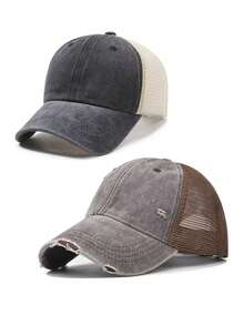 1pc Solid Color Distressed Ripped Mesh Washed Baseball Cap, Breathable Sun Protection For Outdoor Travel And Sports - Multicolor - View 2