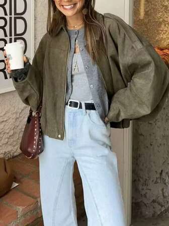 Chaqueta casual de moda callejera para mujer con cuello vuelto, manga larga con cremallera y corte holgado