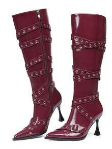 Sexy Women Knee High Boots Punk Buckle Kitten High Heels Boots Luxury Elegant Fashion Design Party Halloween Shoes - Màu Đỏ Sâu - Xem 5