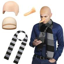 4 件套趣味角色扮演服装配饰 - 假秃头帽、长鼻子、黑灰色格子围巾套装，单身派对新装扮装饰 - 彩色 - 查看 1