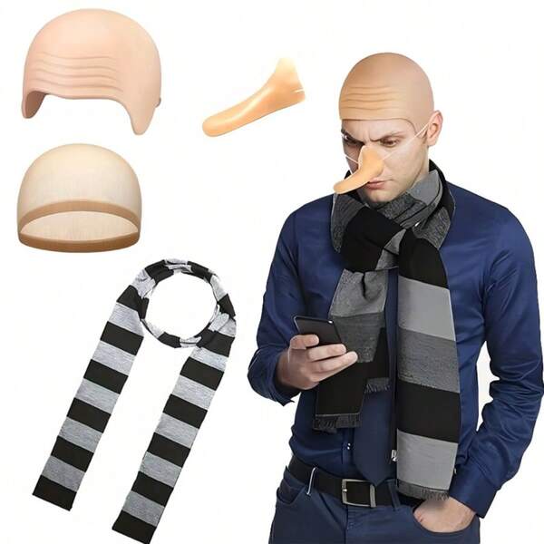 Conjunto de 4 peças de acessórios engraçados para fantasias de cosplay - boné falso careca, nariz longo, conjunto de cachecol xadrez preto e cinza, novas decorações de roupa para festa de solteiros