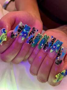 24 piezas de uñas acrílicas postizas cuadradas largas con estampados de flores azules y verdes y rayas, aptas para mujeres y niñas, uñas francesas falsas imprescindibles para uso diario en la oficina o salón de belleza, con 1 pieza de pegamento de gelatina y 1 tira de lijado