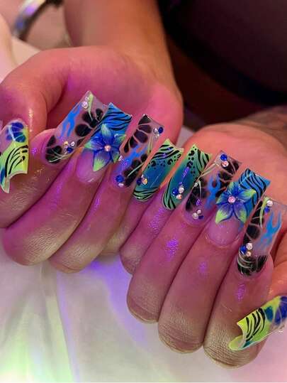 24 Pieces Of Long Square Nails With Blue And Green Flower Prints And Stripes Acrylic Press On Nails Suitable For Women And Girls Must Have French Fake Nails For Daily Office Use Salon Manicure With Jelly Glue 1 Piece And 1 Rubbing Strip