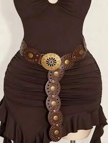 Plus Size Boho Style Heart Patchwork Rivet Decor Retro Western Belt Accessory, Suitable For Music Festivals, Parties, Y2K